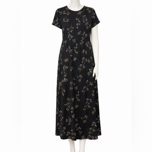 Handmade 90s Dark Floral Maxi Dress Tie Back Short Sleeve Cottagecore M